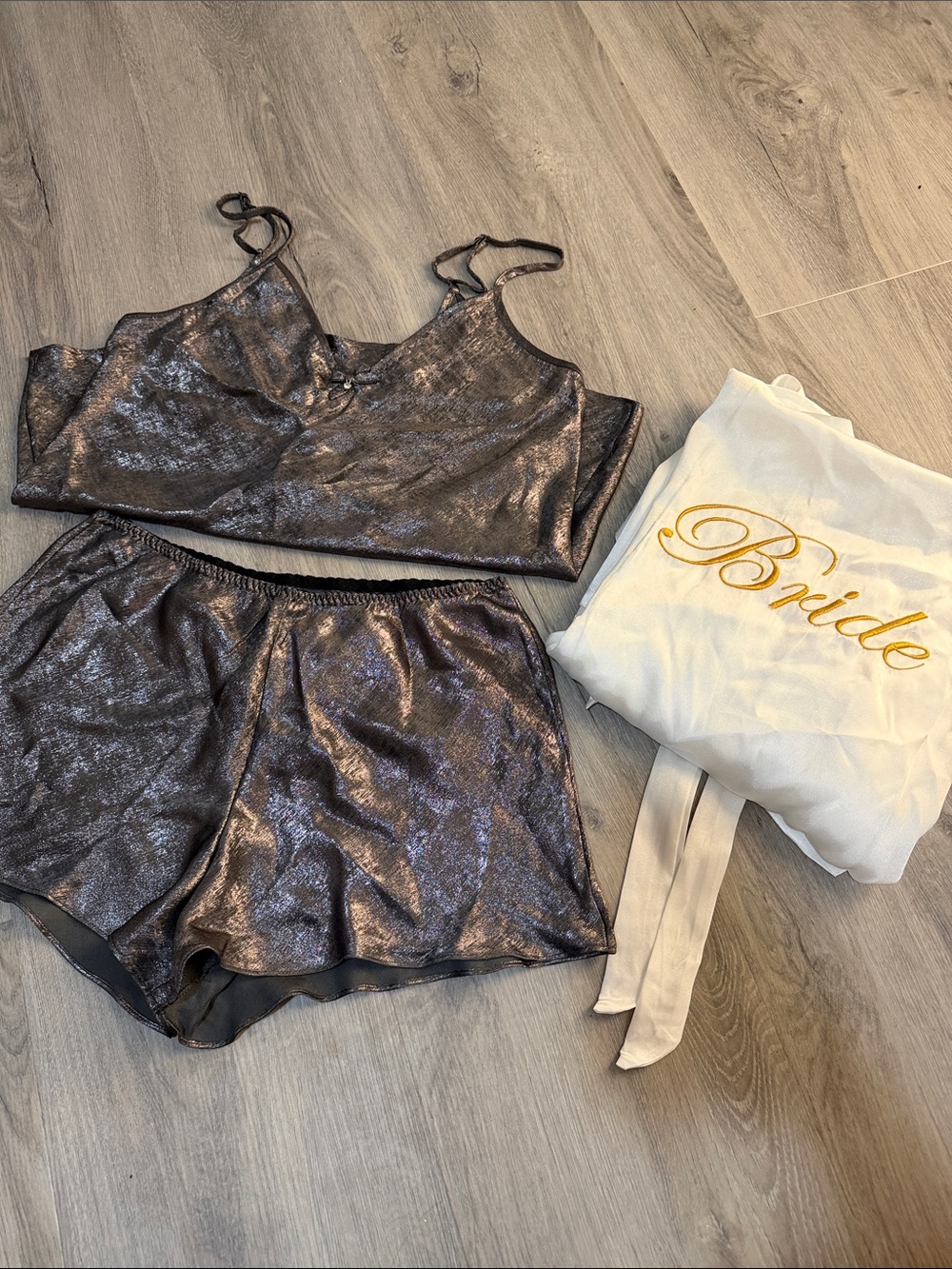 Metallic Charcoal Satin Cami & Shorts Sleep Set - Women